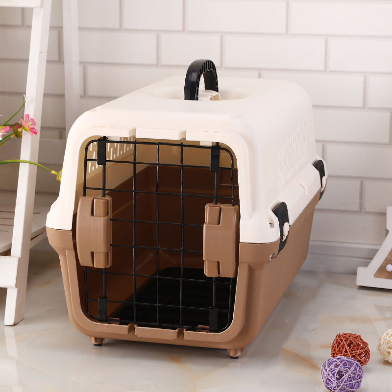 V278-BP275-CARRIER-L-BROWN-69490-00 YES4PETS Portable Plastic Dog Cat Pet Pets Carrier Travel Cage With Tray-Brown - Image 1