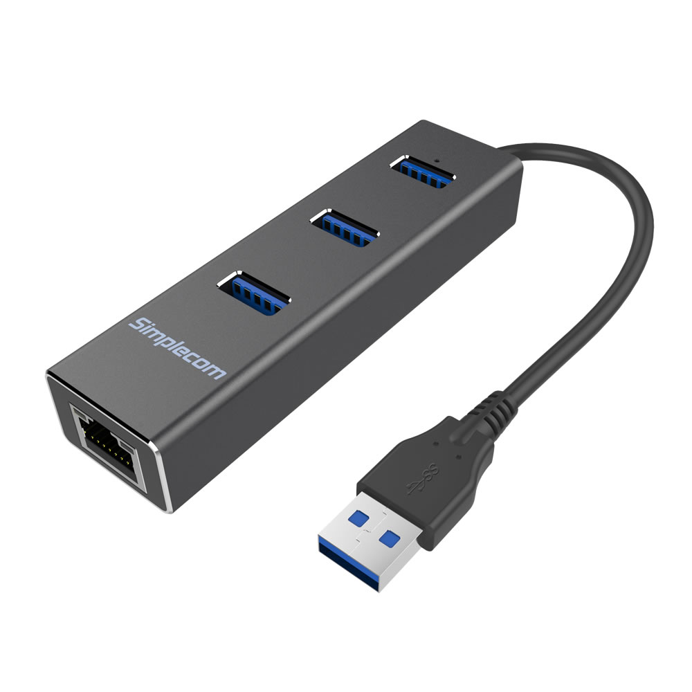 V28-CHN410-BK-01_11 Simplecom CHN410 Aluminium 3 Port USB 3.0 HUB with Gigabit Ethernet Adapter 1000Mbps Black - Image 1