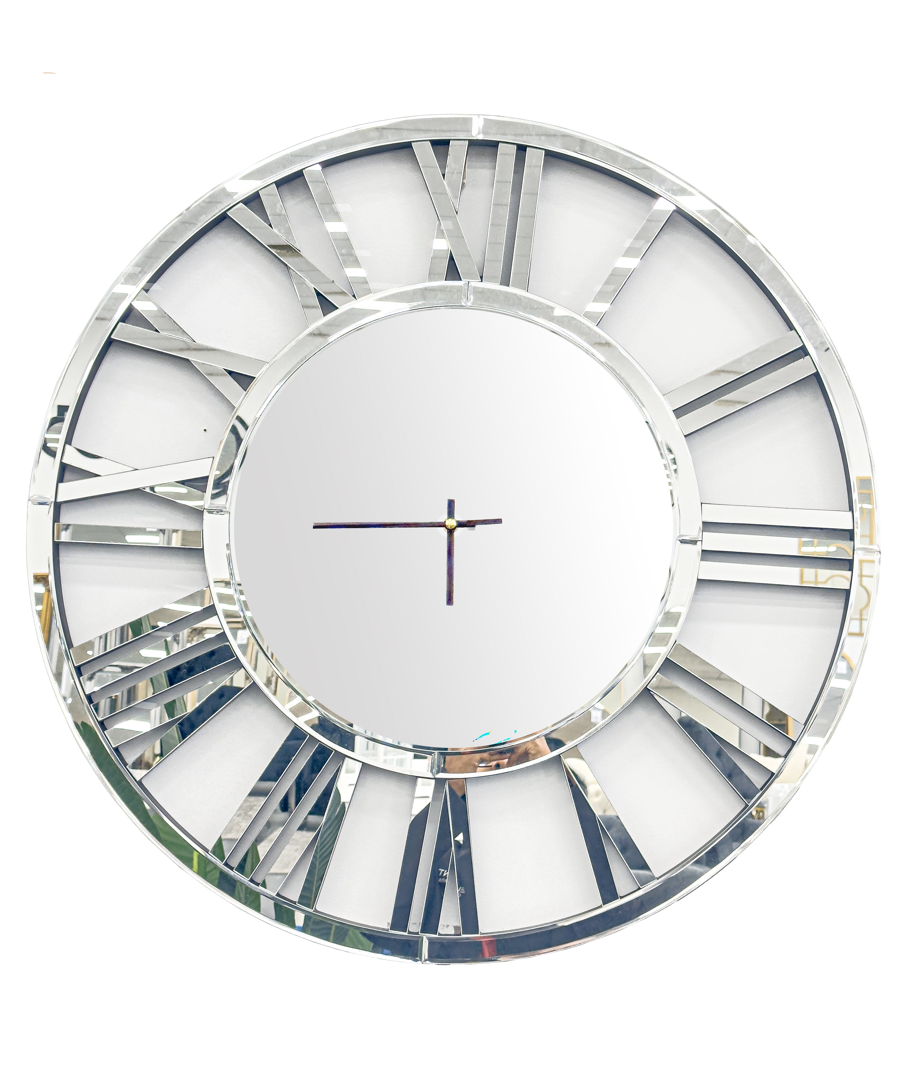 V292-CL-MIR-R100CM-SILVER-2-94254-00 Decorative Silver Mirrored Clock -100cm - Image 1