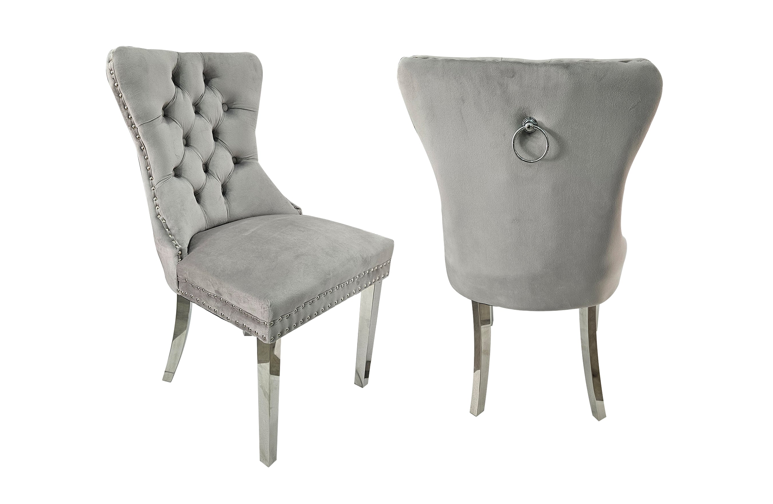 V292-DC-ALSEA-LGREY-SILVER-202226-00 Set of 2 -Alsea Light Grey Velvet & Silver Polished Steel Dining Chairs Upholstered Tufted Stud Trim and Ring - Image 1