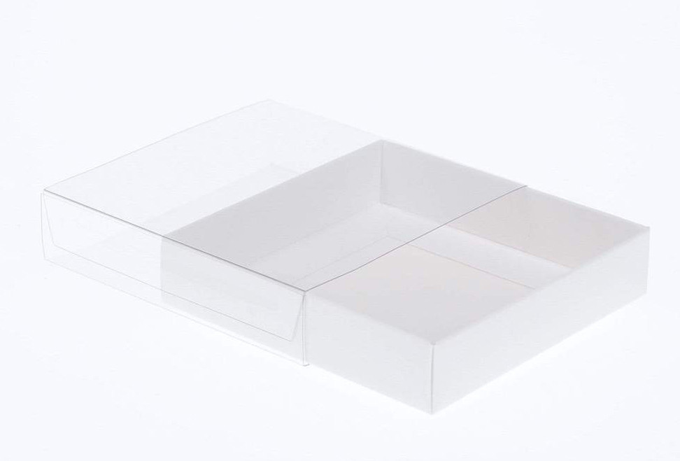 V382-100INVBOXWH10X10X2-144370-00 100 Pack of 10cm Square Invitation Coaster Favor Function product Presentation Cookie Biscuit Patisserie Gift Box - 2cm deep - White Card with Clear Slide On PVC Lid - Image 1