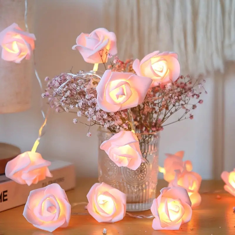 V382-PINKROSEBATT50-202504291059-00 50 Pink Rose 3D Fairy Lights 5M LONG String, Battery (AA) Indoor & Outdoor Decorations Wedding Valentines Romantic Room Table Lighting - Image 1