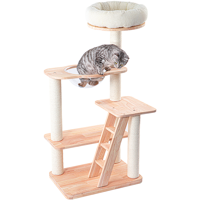 V390-210906WO-202507030915-00 HONEYPOTCAT Serenity Plush Top Cat Tower - Wood Wax 125cm - Image 1