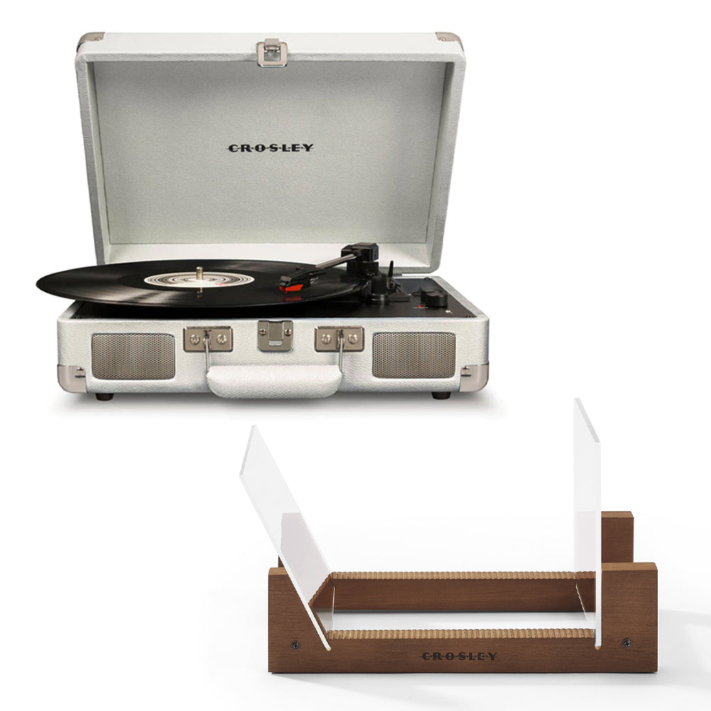 V398-CR8005FSS-WS4-202506101851-00 Crosley Cruiser Bluetooth Portable Turntable - White Sands + Bundled Crosley Record Storage Display Stand - Image 1