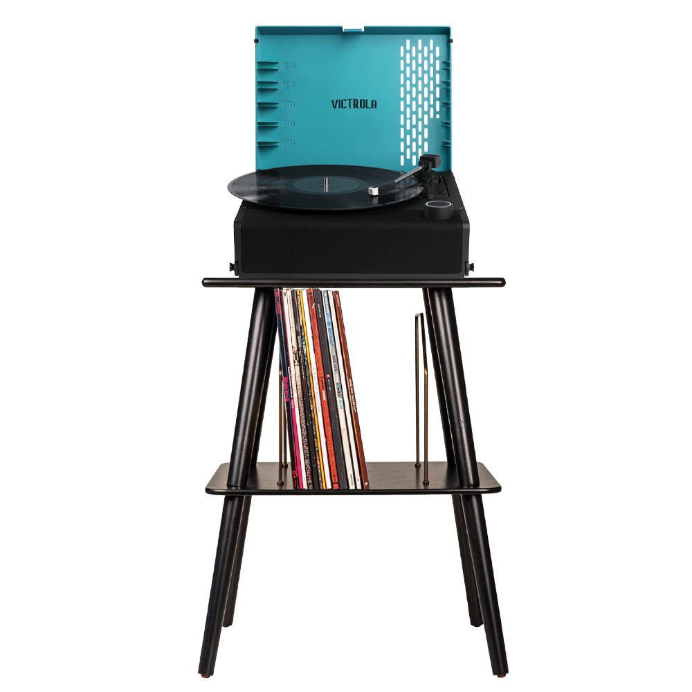 V398-VTR-750SB-BLU-ST-202504301655-00 Victrola Revolution Go Turntable - Blue + Entertainment Stand Bundle - Black - Image 1
