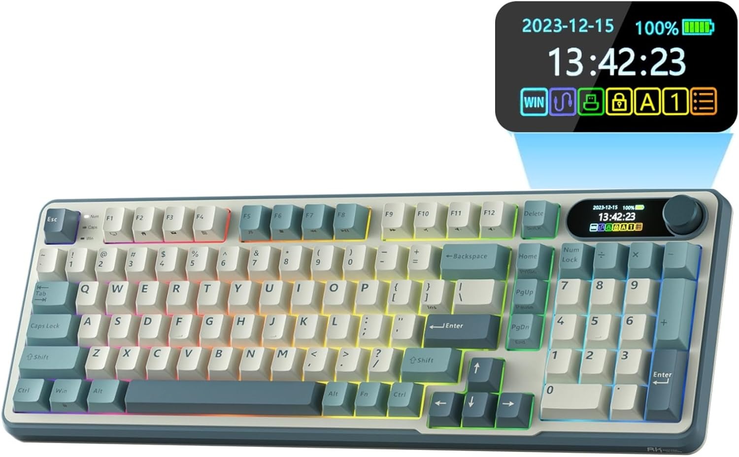 V413-RKS98-CL-CSWITCH-202504221207-00 RK ROYAL KLUDGE S98 Mechanical Keyboard w/Smart Display & Knob, Top Mount 96% Wireless Mechanical Keyboard BT/2.4G/USB-C, Hot Swappable, Pale Green Switch 98 Keys - Image 1