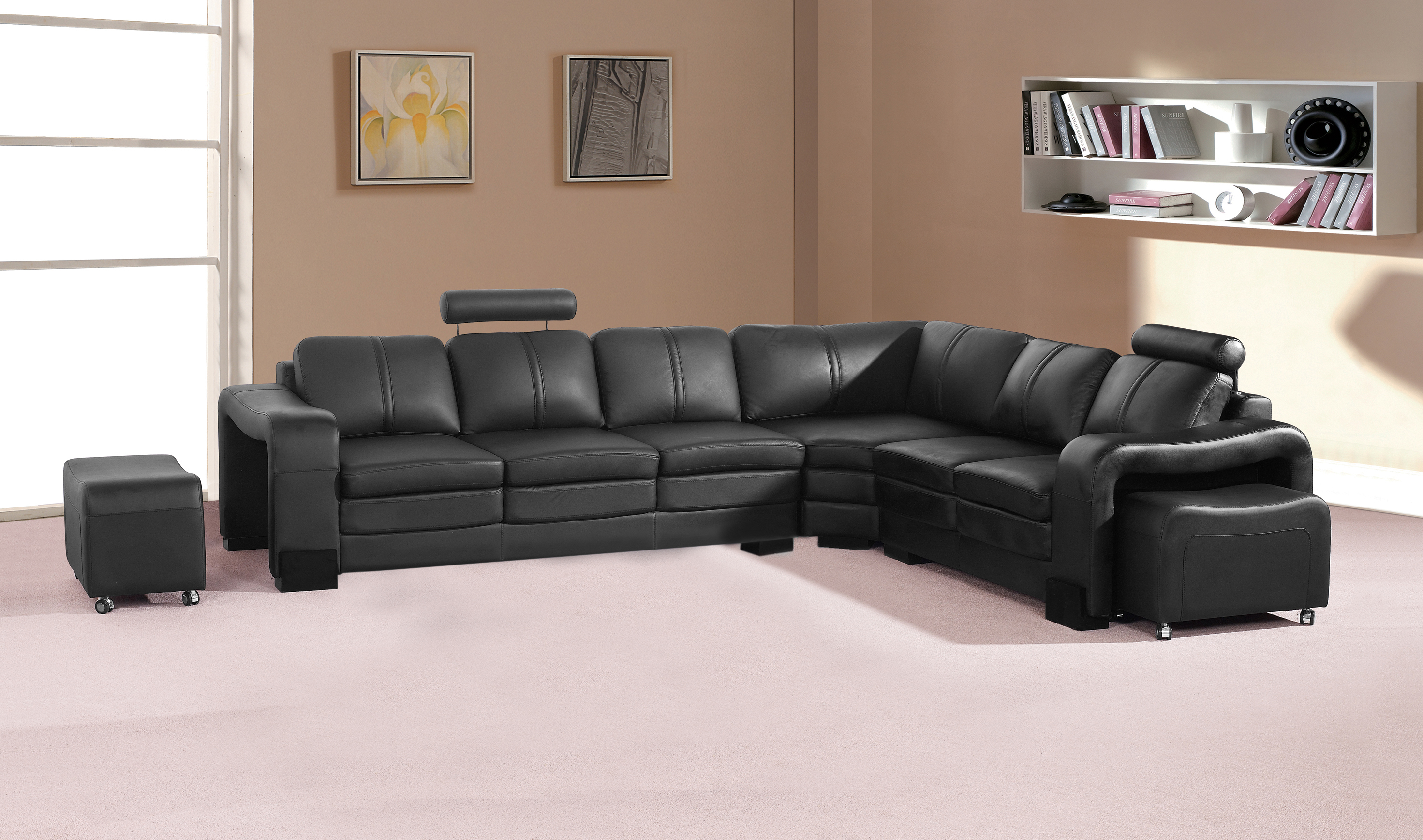V43-SOF-MAJ-BL_01_1 Lounge Set Luxurious 6 Seater Faux Leather Corner Sofa Living Room Couch in Black with 2x Ottomans - Image 1
