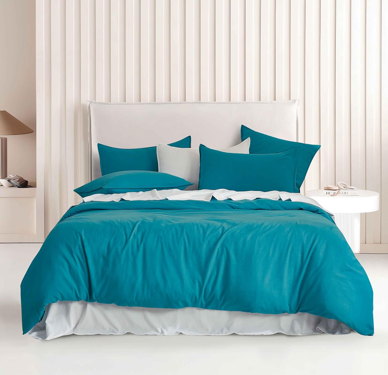 V439-CQSTEALWM-218380-00 Vintage Washed Microfibre Quilt Cover Set (Teal, Queen) - Image 1