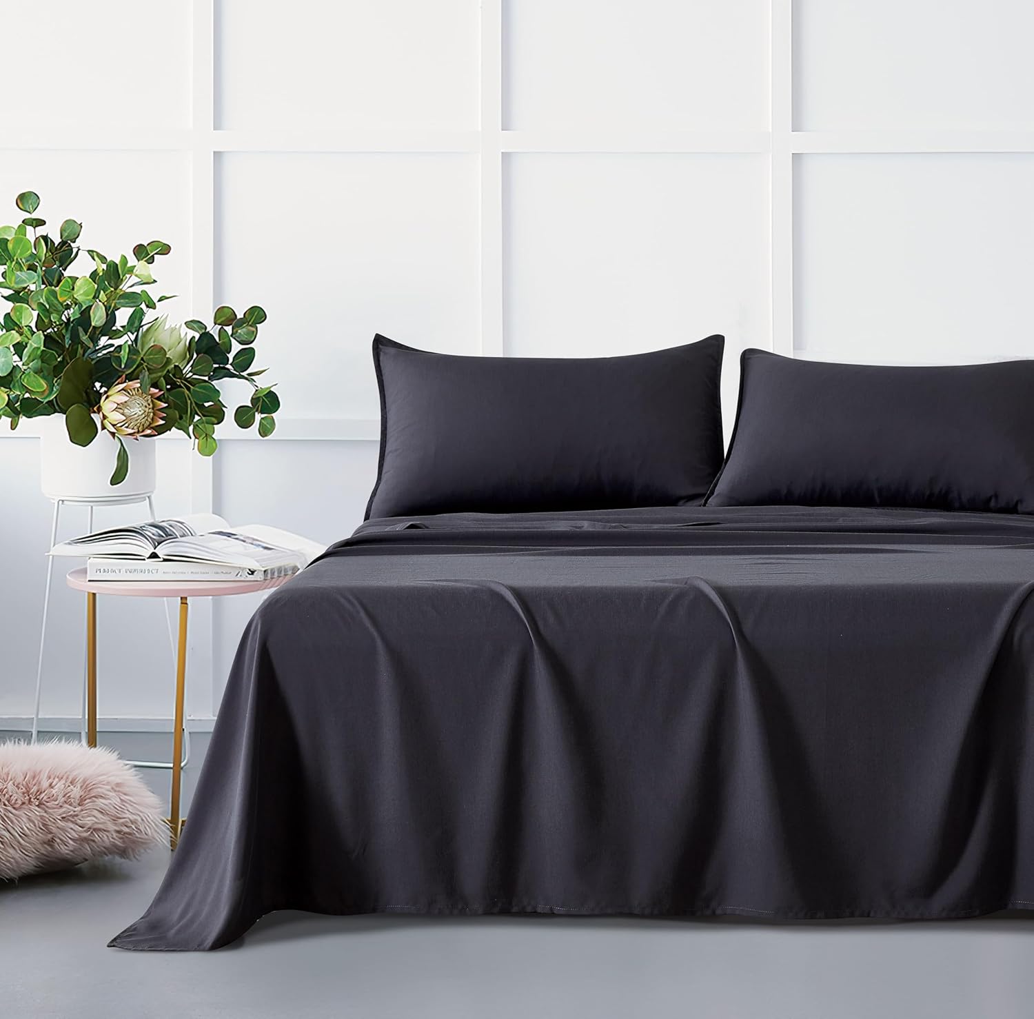 V439-CSSTBAMPOLYCHAR-210907-00 Bamboo Microfibre Sheet Set - Charcoal - Queen - Image 1
