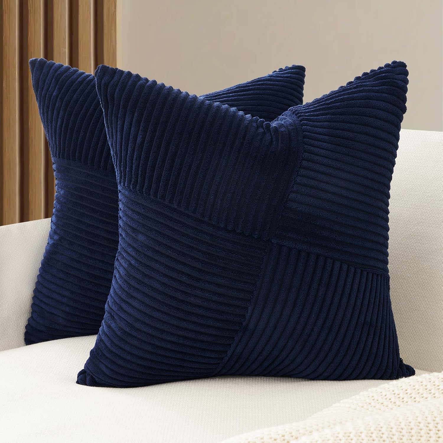 V439-WINDNAVY2-45-202506190416-00 Corduroy Cushion Covers - Soft Velvet Fabric with Windmill-Inspired Pattern and Hidden Zipper Design - Navy Blue, 45cm x 45cm (Twin Pack) - Image 1