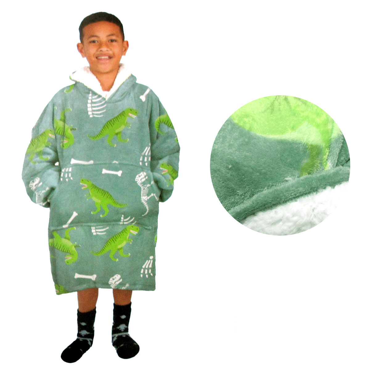 V442-ABR-BLANKET-KIDSHOODIEDINOSAUR-GREEN-SH-96610-00 Blanket Hoodie with Sherpa Reverse Green Dinosaur - Image 1