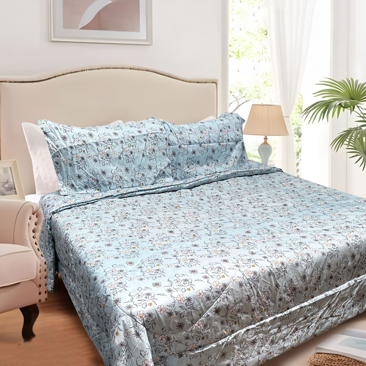 V442-ATX-COMFORTER-CORBETTC7-BLUE-QS-97448-00 Hotel Living 3 Pce Light Weight Comforter Set Queen/King Corbett Floral Blue - Image 1