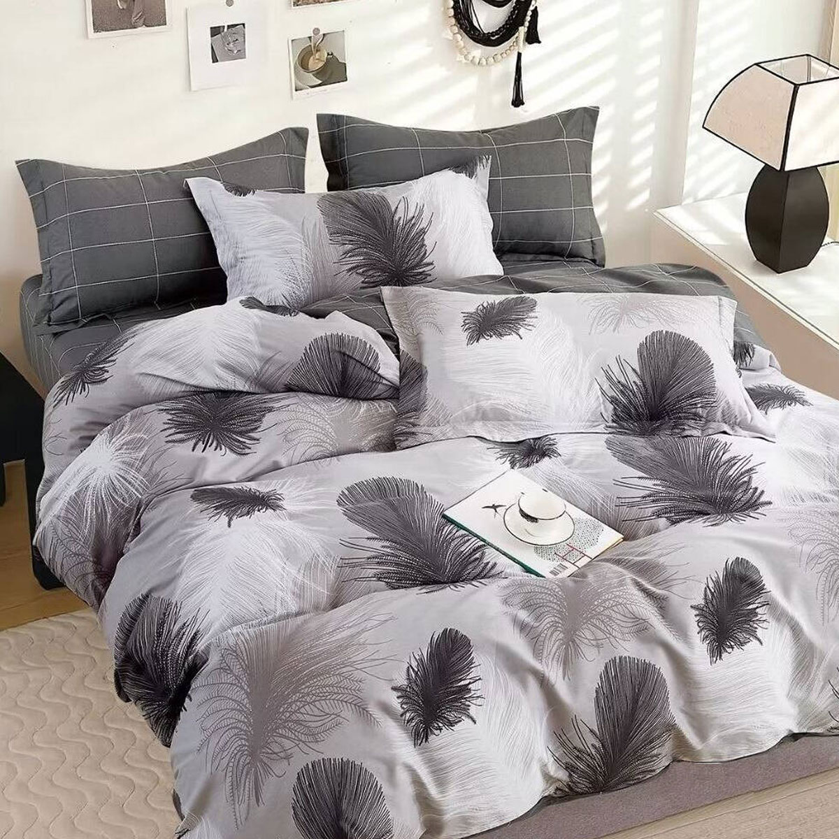 V442-ATX-QUILTCS-300TCHEIDI-GREY-KI-191798-00 300TC Heidi Grey Reversible Cotton Quilt Cover Set King - Image 1