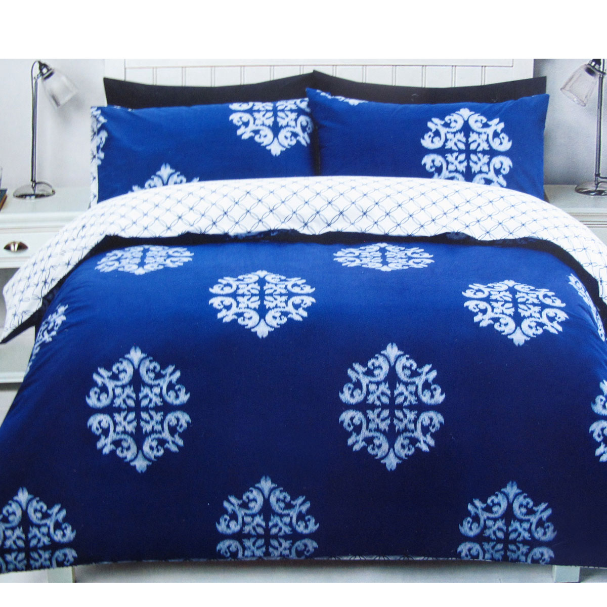 V442-CAP-QUILTCS-GEO-BLUE-KI-98557-00 225TC Geo Damask Cotton Rich Easy Care Quilt Cover Set King - Image 1