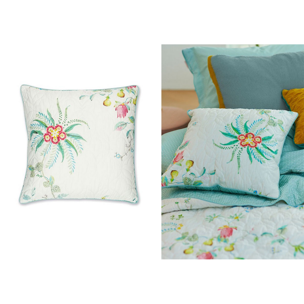 V442-HIN-CUSHION-FLEURGRANDEUR-WHITE-SQ-82481-00 PIP Studio Fleur Grandeur White Quilted Square Cushion - Image 1