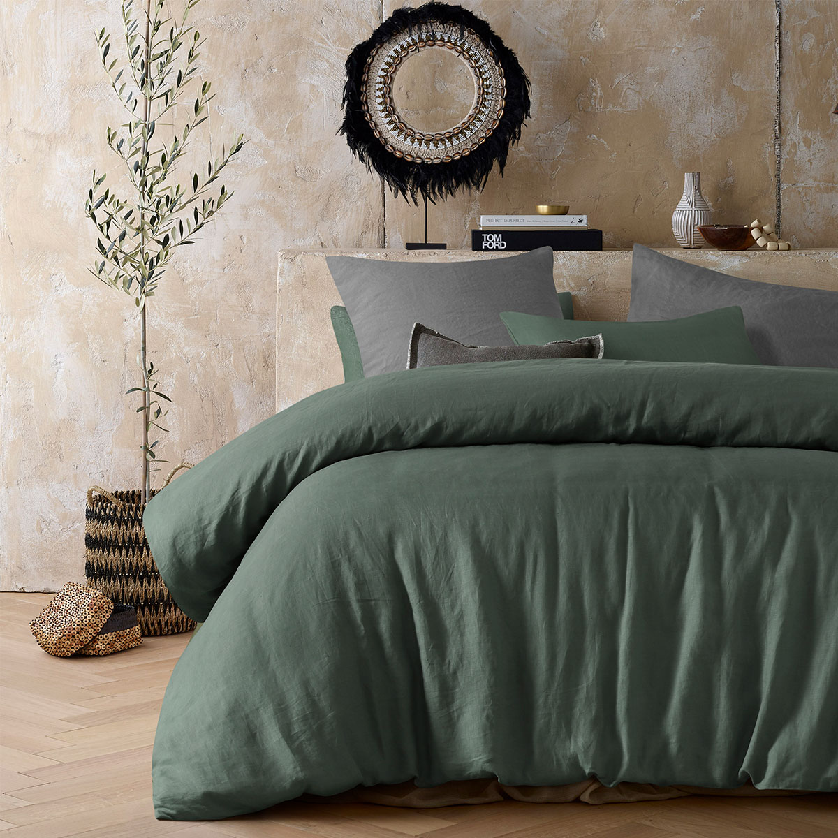 V442-HIN-QUILTCS-HEMP-SEAGREEN-QS-83508-00 Vintage Design Homewares Sea Green 100% Hemp Quilt Cover Set Queen - Image 1