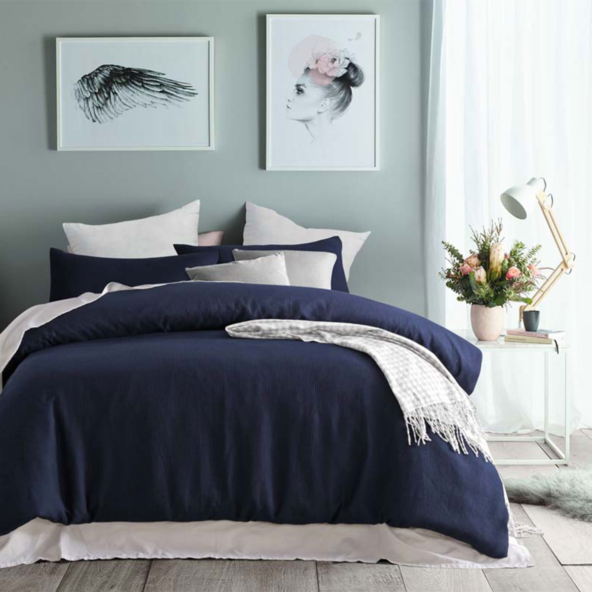 V442-HIN-QUILTCS-POLYWAFFLE-NAVY-QS-154807-00 Accessorize Navy Waffle Polyester Quilt Cover Set Queen - Image 1