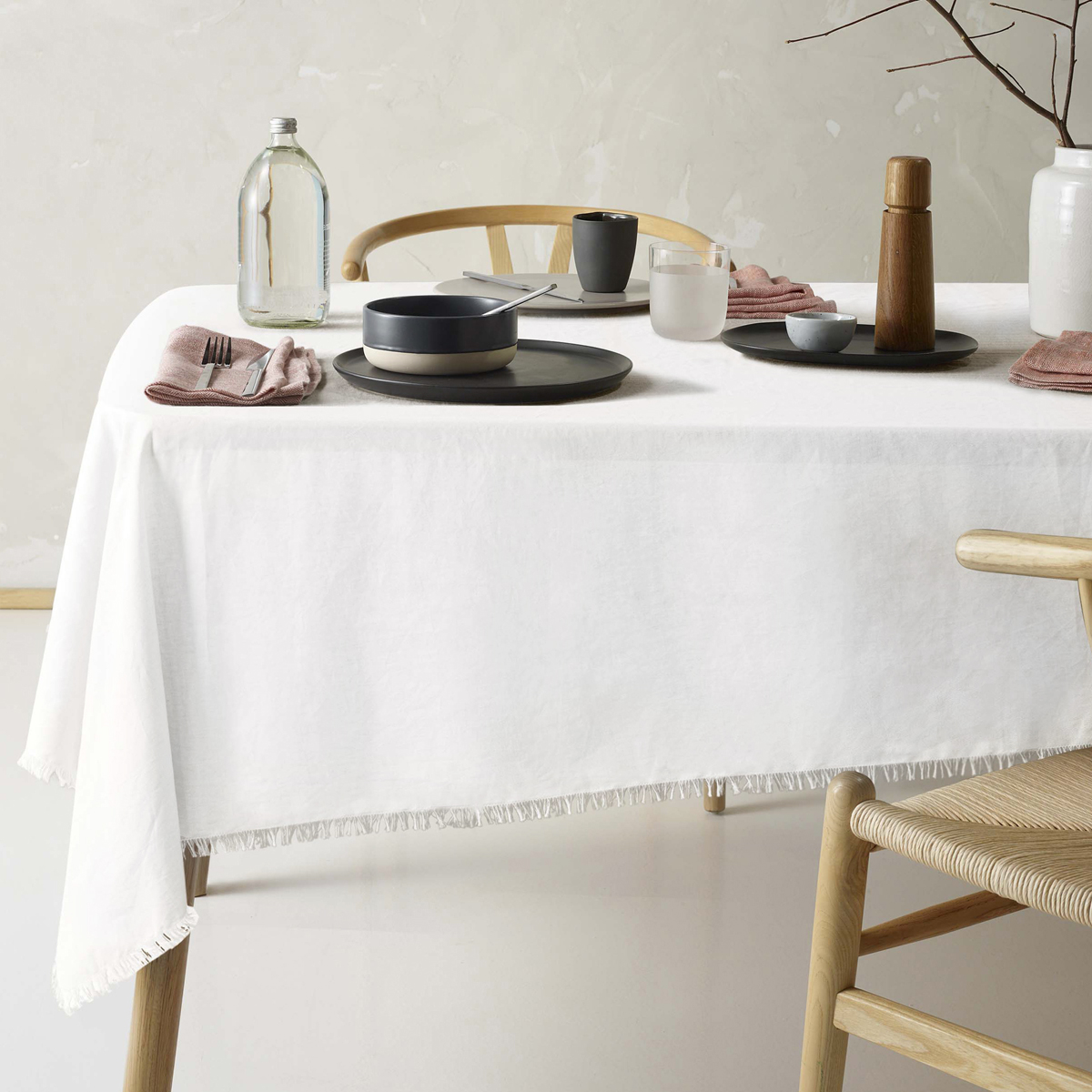 V442-HIN-TABLEC-GYPSYLINENC275CM-WHITE-RE-202848-00 Vintage Design Homewares Gypsy White Fringed Washed Linen Cotton Tablecloth 150cm x 275cm - Image 1