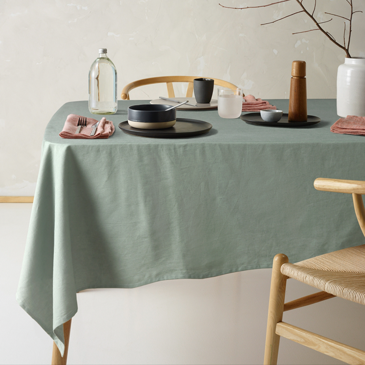 V442-HIN-TABLEC-HELMLINENC300CM-GREEN-RE-202756-00 Vintage Design Homewares Helm Green Washed Linen Cotton Tablecloth 150cm x 300cm - Image 1