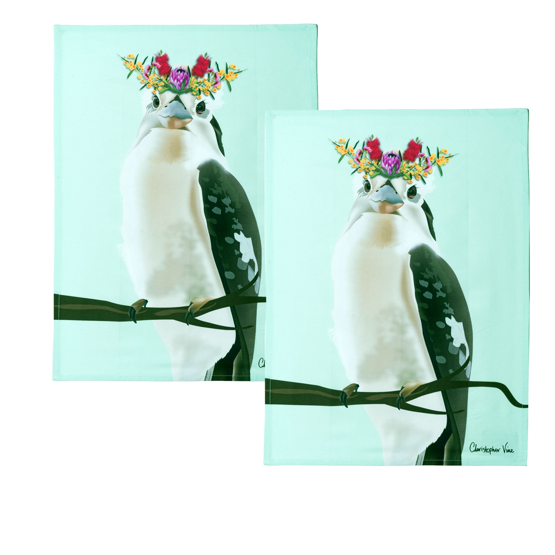 V442-IDC-TEAT-KOOKABURRA-MULTI-RE-78599-00 IDC Homewares Set of 2 Christopher Vine Design Tea Towels Kookaburra - Image 1