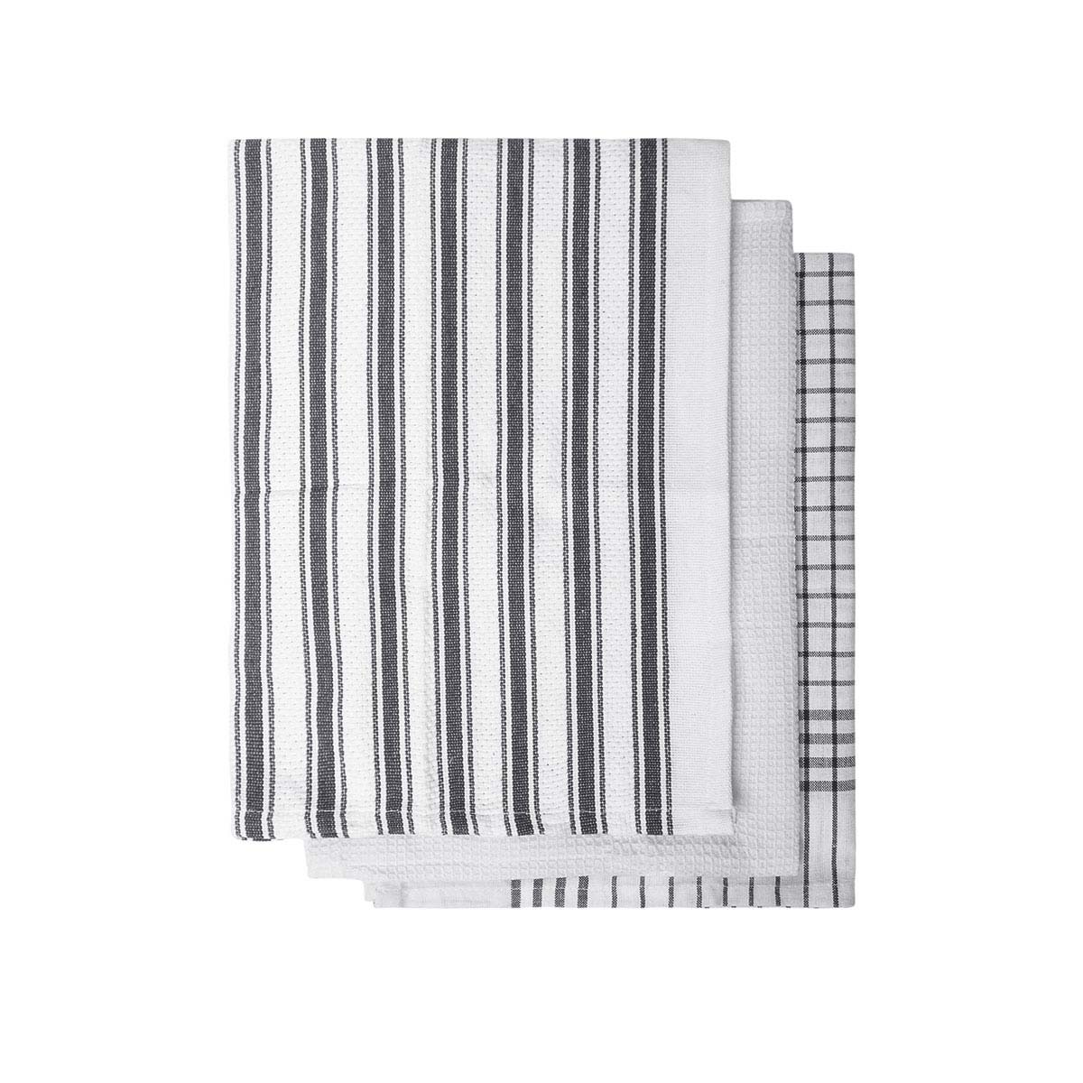 V442-IDC-TEAT-SETOF3GARDENIA-CHARCOAL-RE-78585-00 IDC Homewares Set of 3 Gardenia Cotton Tea Towels Charcoal - Image 1