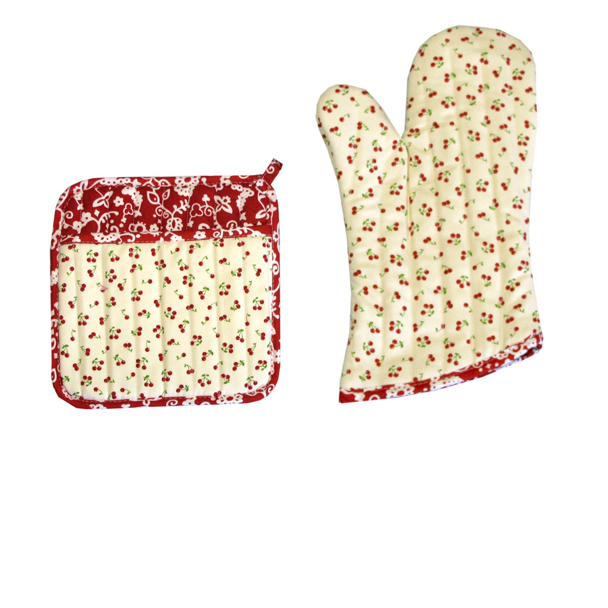 V442-JTC-OVENM-CHERRIESMIXSET-CREAM-SQ-185243-00 Set of 100% Cotton Printed Oven Mitt + Pot Holder Cream Cherries - Image 1