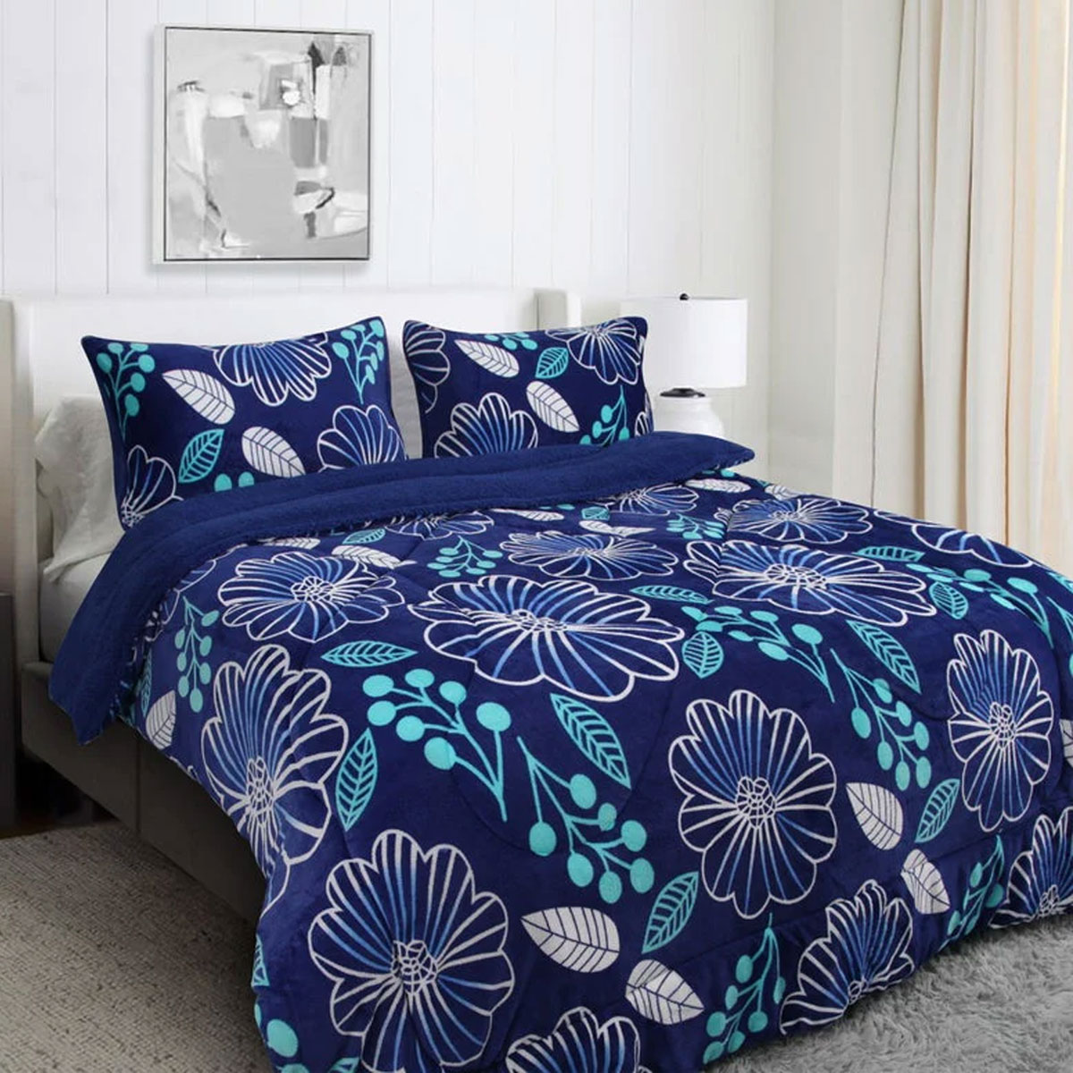 V442-KIT-BLANKET-SHERPAFLOWER-BLUE-DS-173594-00 Ramesses Blue Flower Printed Sherpa Flannel Fleece Reversible Blanket Set Single/Double - Image 1