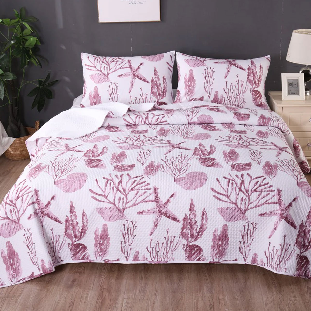 V442-KIT-COMFORTER-3PCSCOAST-PINK-KI-173698-00 Ramesses Coast Pink 3 Pcs Bamboo Blend Ultrosonic Reversible Comforter Set King - Image 1