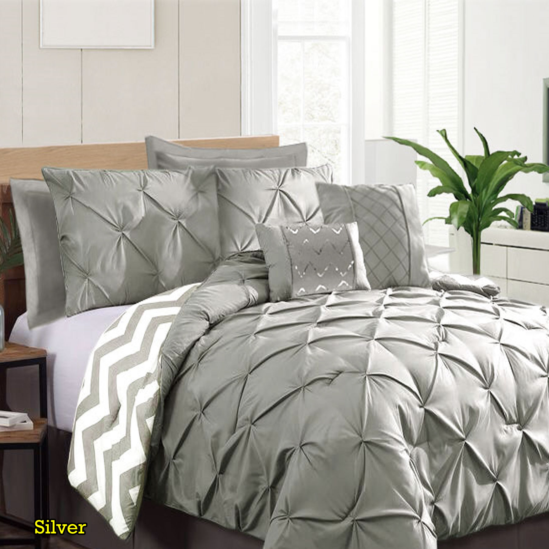 V442-KIT-COMFORTER-PINCHPLEAT-SILVER-QS-146447-00 Ramesses 7 Piece Pinch Pleat Comforter Set Silver Queen - Image 1