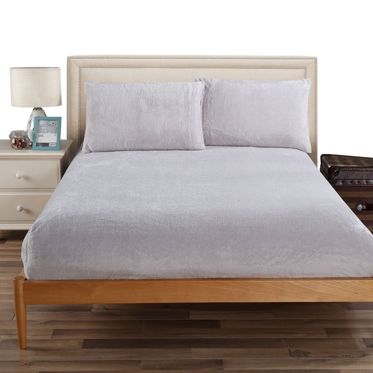 V442-KIT-FITTEDSS-TEDDYFLEECE-GREY-QS-174755-00 Ramesses Teddy Fleece Fitted Sheet Combo Set Grey Queen - Image 1