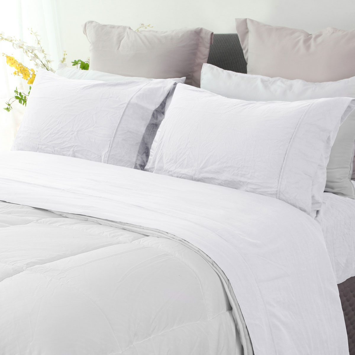 V442-KIT-SHEETS-PEBBLEWASHLINEN-WHITE-QS-202503241626-00 Ramesses White Pebble Wash Linen Look Alternative Sheet Set Queen - Image 1