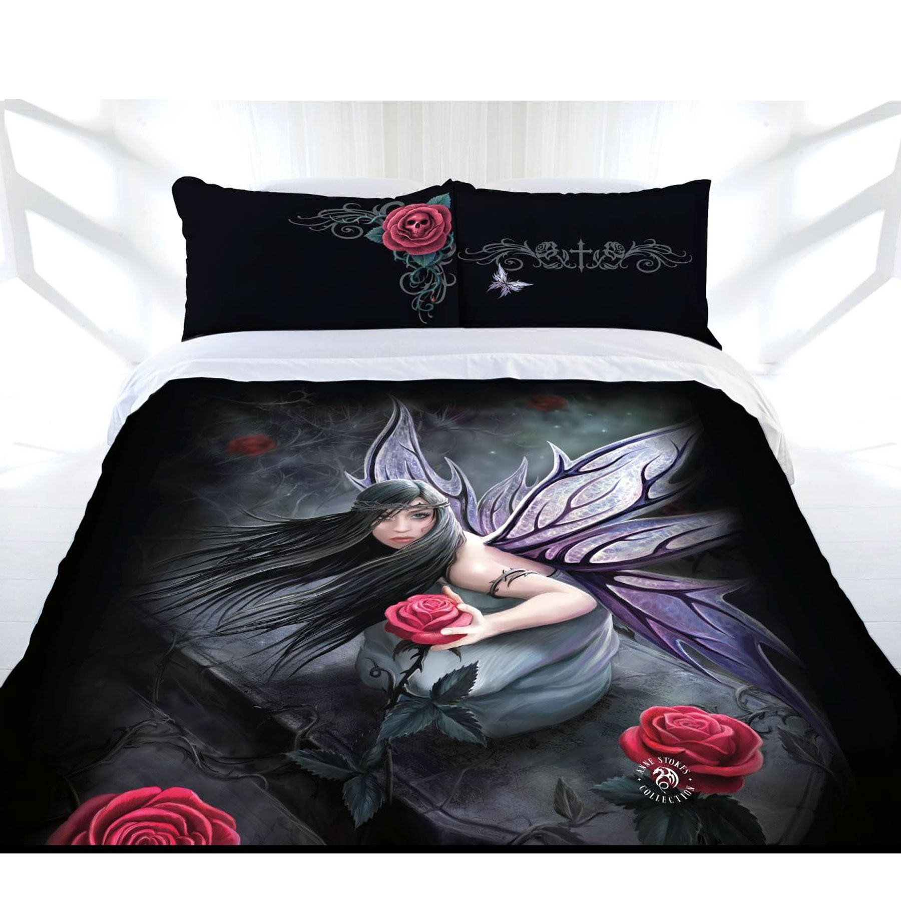 V442-LDE-QUILTCS-ROSEFAIRY-BLACK-DS-77830-00 Anne Stokes Rose Fairy Quilt Cover Set Double - Image 1