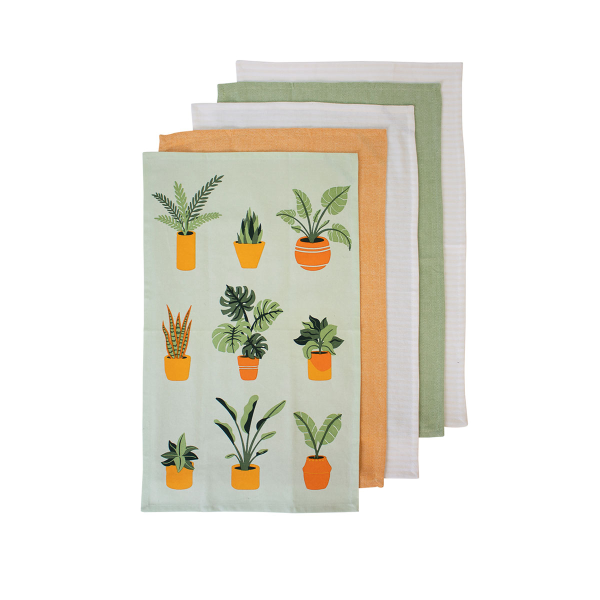 V442-LDE-TEAT-PLANTLIFESETOF5-GREEN-RE-77678-00 Ladelle Set of 5 Plant Life Cotton Kitchen Tea Towels 50 x 70 cm Green - Image 1