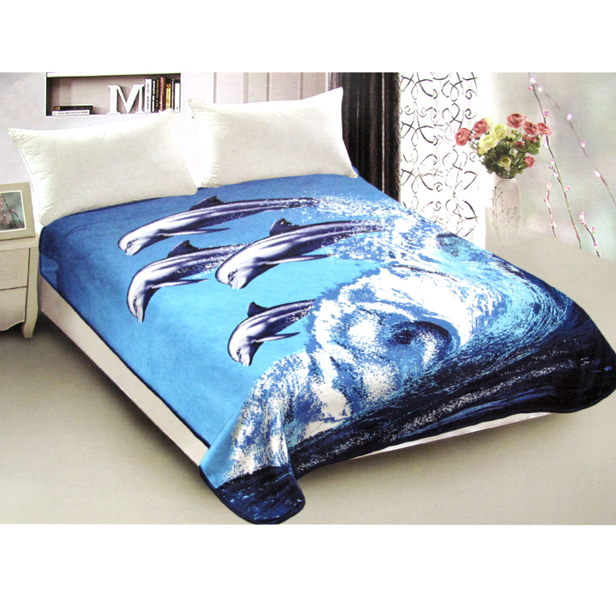 V442-LYL-BLANKET-2023JUMPINGDOLPHINS-BLUE-QS-189749-00 800GSM Luxury Reversible Animal Pattern Mink Blanket Queen 200 x 240 cm Jumping Dolphins - Image 1