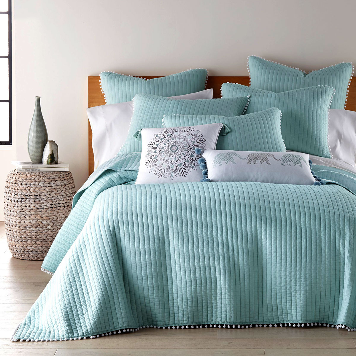 V442-RAN-COVERLET-CLAVOPOMPOM-BLUE-SK-204198-00 Jenny Mclean Clavo Pompom Blue 3 Piece 100% Cotton Coverlet Set Super King - Image 1