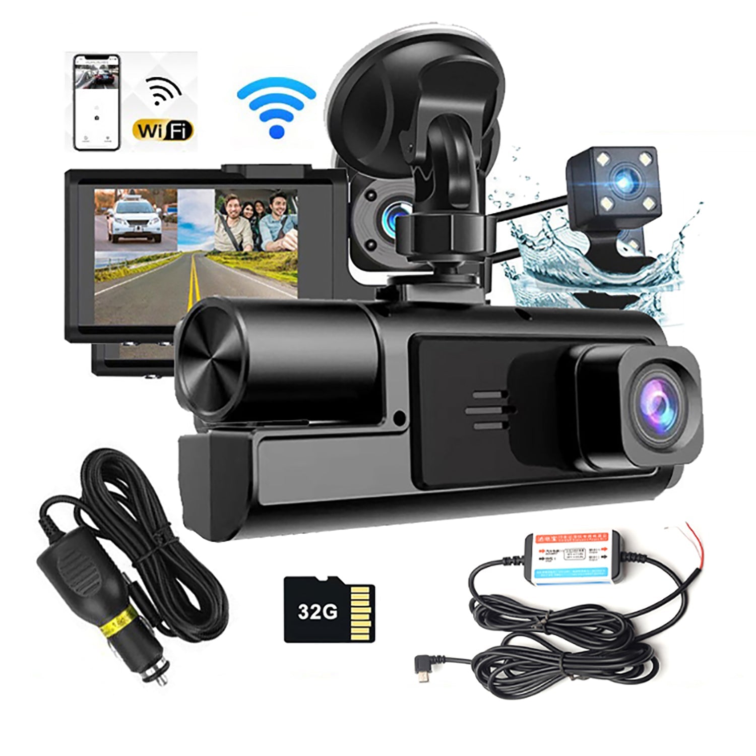 V462-TA-104-01-197280-00 WIFI 3 Channels Dash Cam 1080P Full HD Car Dashcam with Hardwire Kit and 32GB Card - Image 1