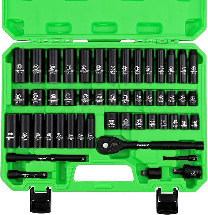 V465-66108-197102-00 SWANLAKE 3/8" Drive Impact Socket Set, 50-Piece Standard SAE (5/16 to 3/4 inch) and Metric (8-22mm) Size, 6 Point, Cr-V, 3/8-Inch Ratchet Handle, Extension Bar, Universal Joint - Image 1