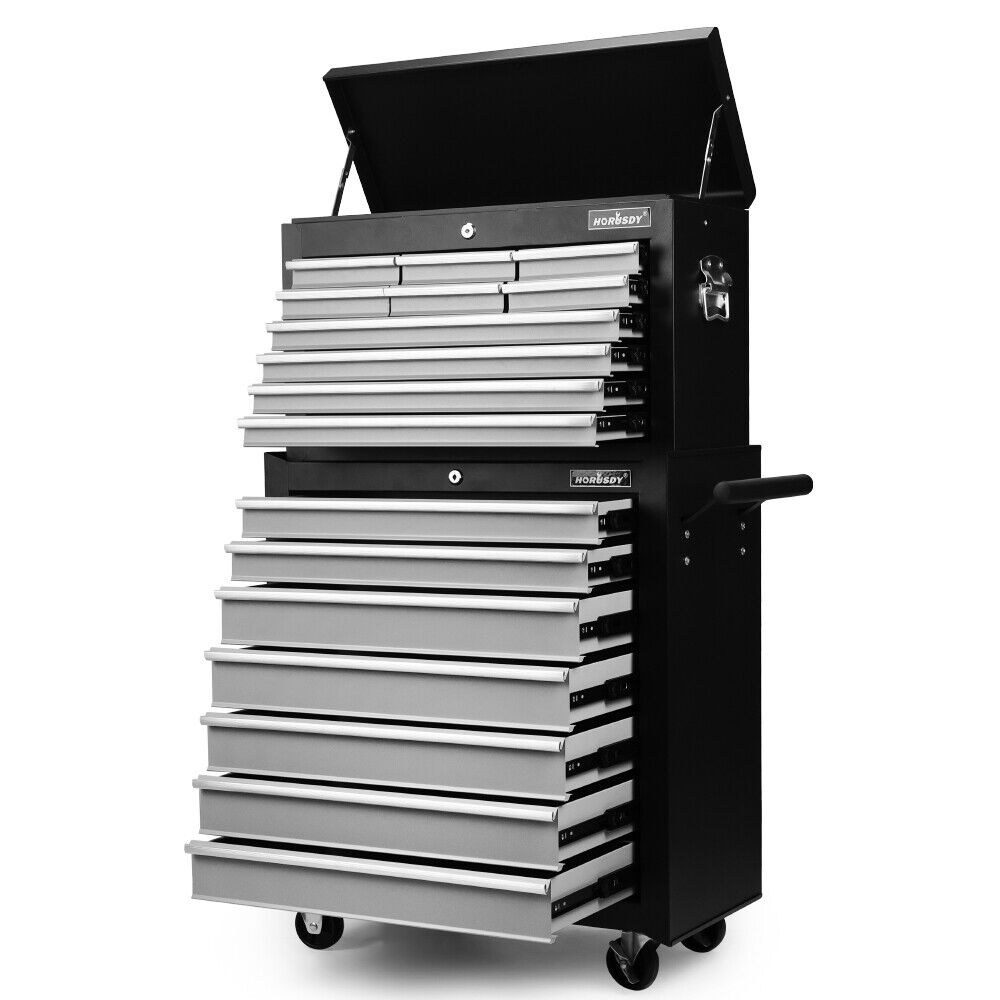V465-86193_86194-191784-00 Grey 17 Drawer Tool Box Trolley Cabinet Storage Cart Garage Toolbox Organiser - Image 1