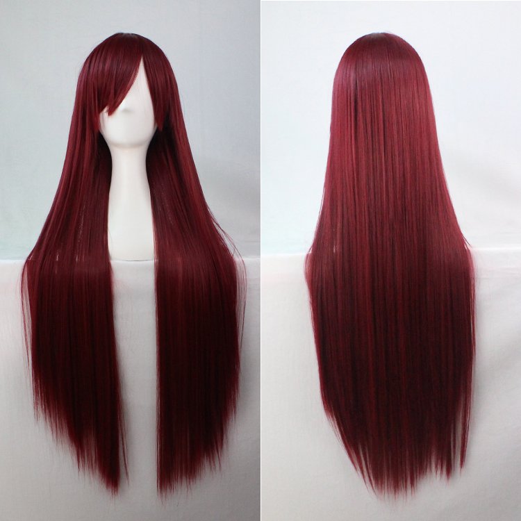 V474-15795-100949-00 New 80cm Straight Sleek Long Full Hair Wigs w Side Bangs Cosplay Costume Womens, Burgundy - Image 1