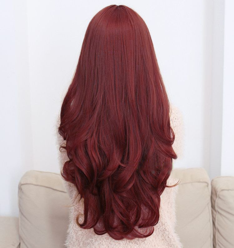 V474-248928-103362-00 Long Wavy Curly Full Hair Wigs w Side Bangs Cosplay Costume Fancy Anime Womens, Burgundy - Image 1