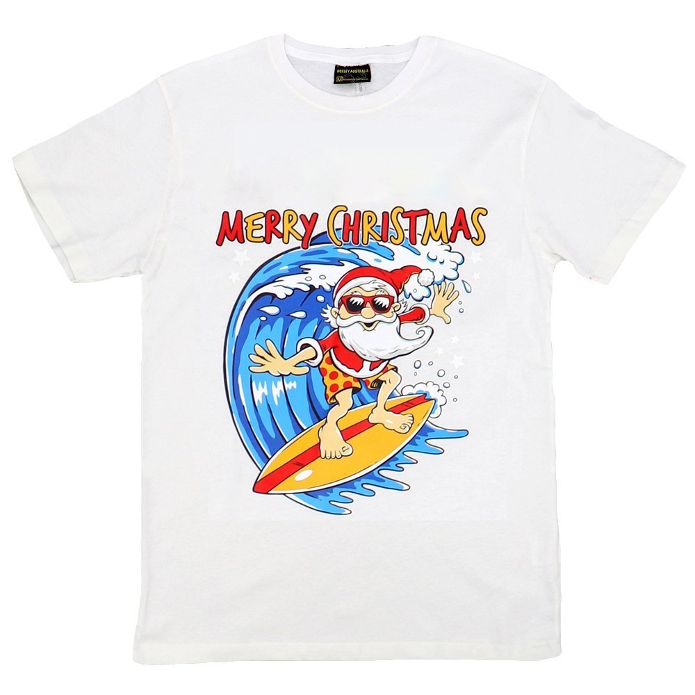 V474-378193-103701-00 New Funny Adult Xmas Christmas T Shirt Tee Mens Womens 100% Cotton Jolly Ugly, Santa Surf (White), XL - Image 1