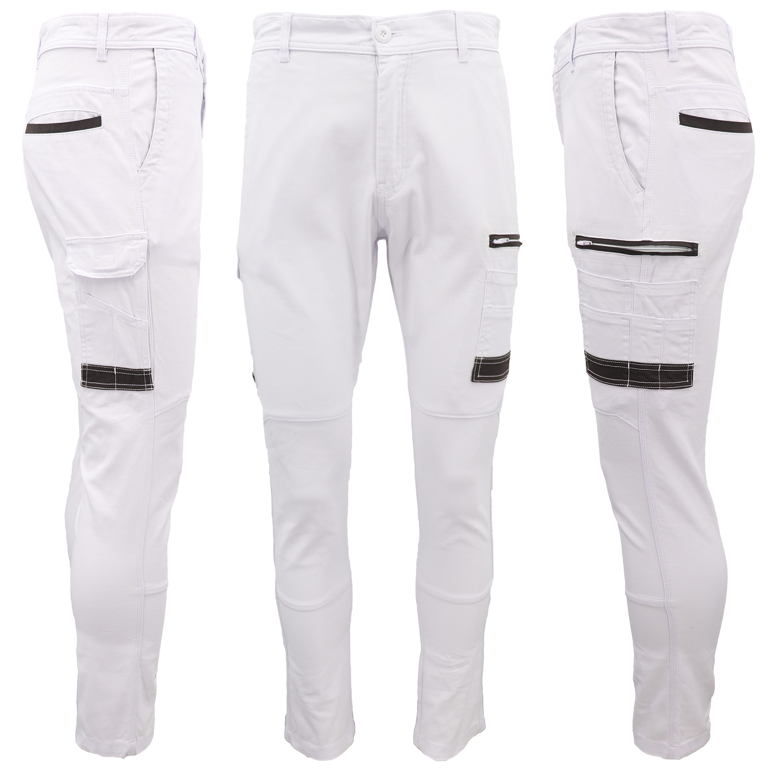 V474-578420-202502241741-00 Men's Cotton Drill Cargo Work Pants UPF 50+ 13 Pockets Tradies Workwear Trousers, White, 30 - Image 1