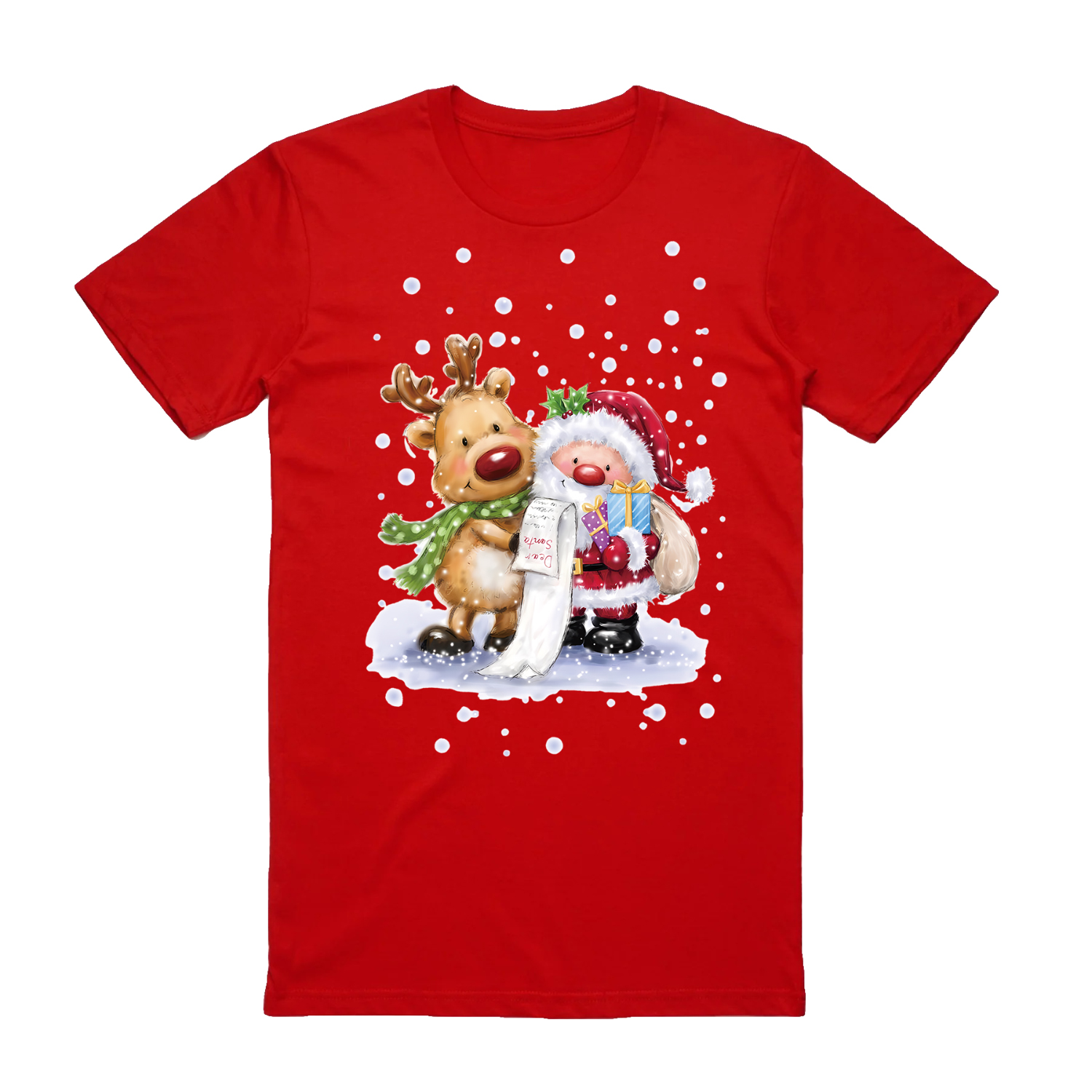V474-626532-99400-00 100% Cotton Christmas T-shirt Adult Unisex Tee Tops Funny Santa Party Custume, Reading Santa (Red), S - Image 1
