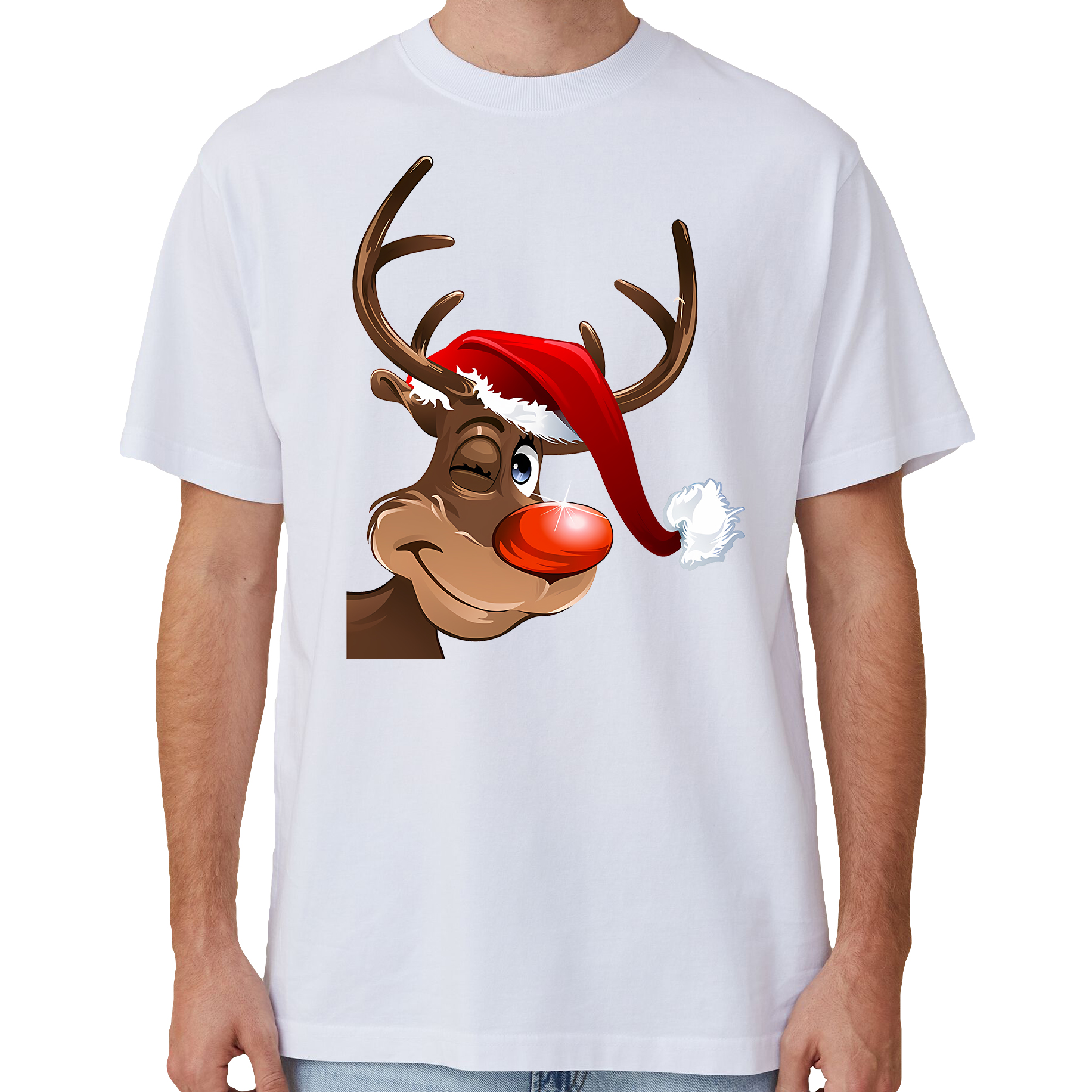 V474-633827-202505151837-00 100% Cotton Christmas T-shirt Adult Unisex Tee Tops Funny Santa Party Custume, Reindeer Wink (White), 3XL - Image 1