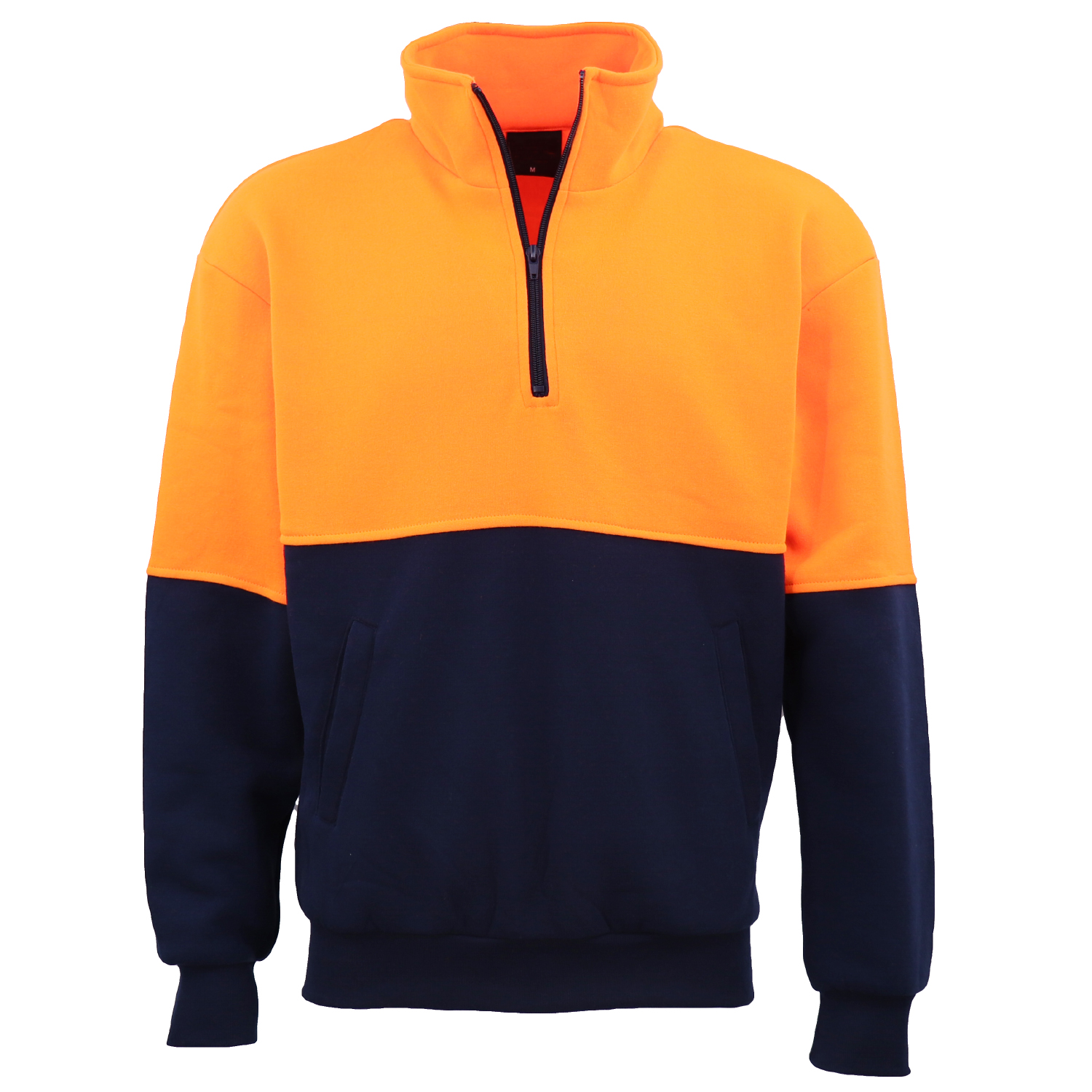 V474-663683-174588-00 Hi Vis Safety Fleecy Half Zip Pullover Jumper Jacket Sweater Shirts Workwear, Fluro Orange / Navy, 2XL - Image 1