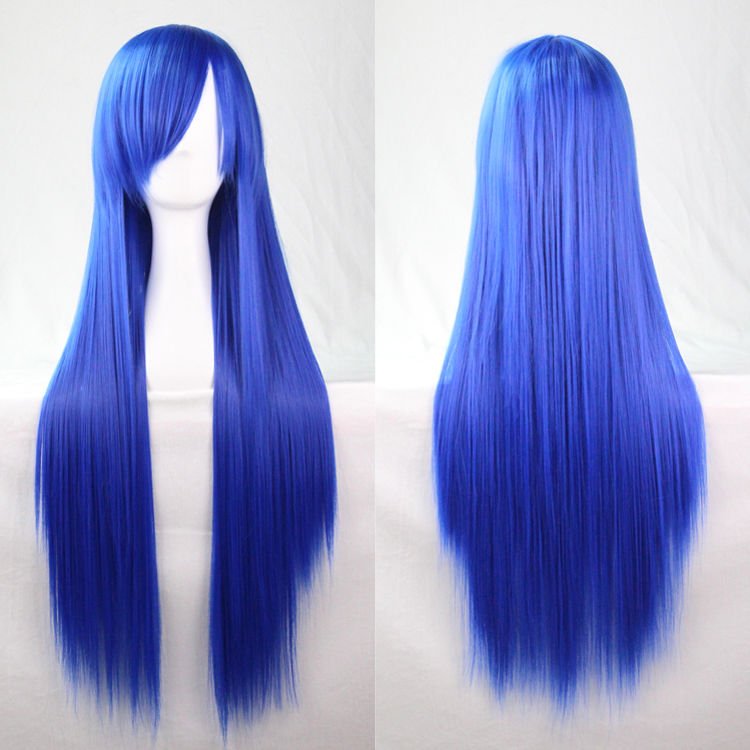 V474-7481-100927-00 New 80cm Straight Sleek Long Full Hair Wigs w Side Bangs Cosplay Costume Womens, Blue - Image 1