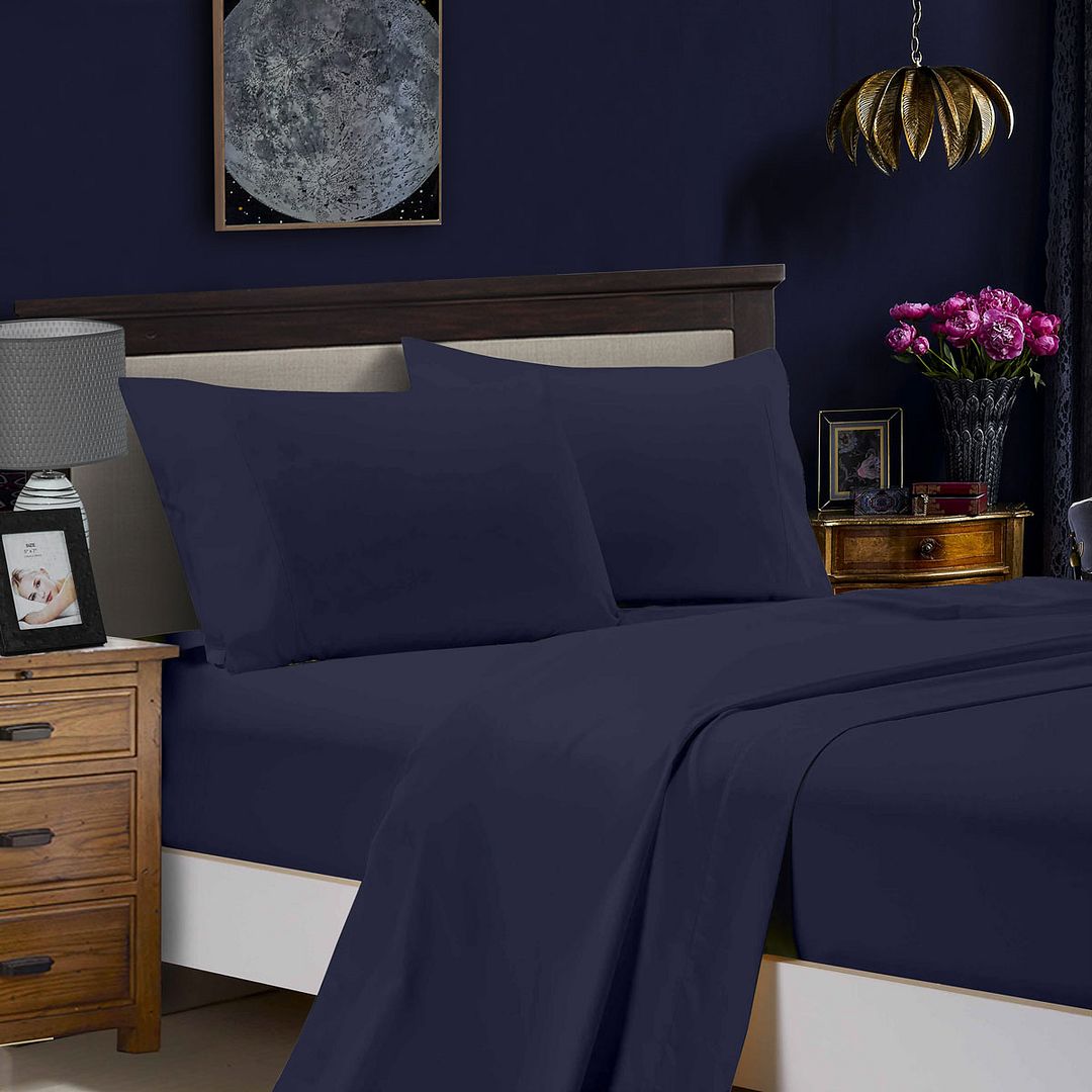 V493-AKSS-12-88546-00 1000TC Ultra Soft King Single Size Bed Midnight Blue Flat & Fitted Sheet Set - Image 1