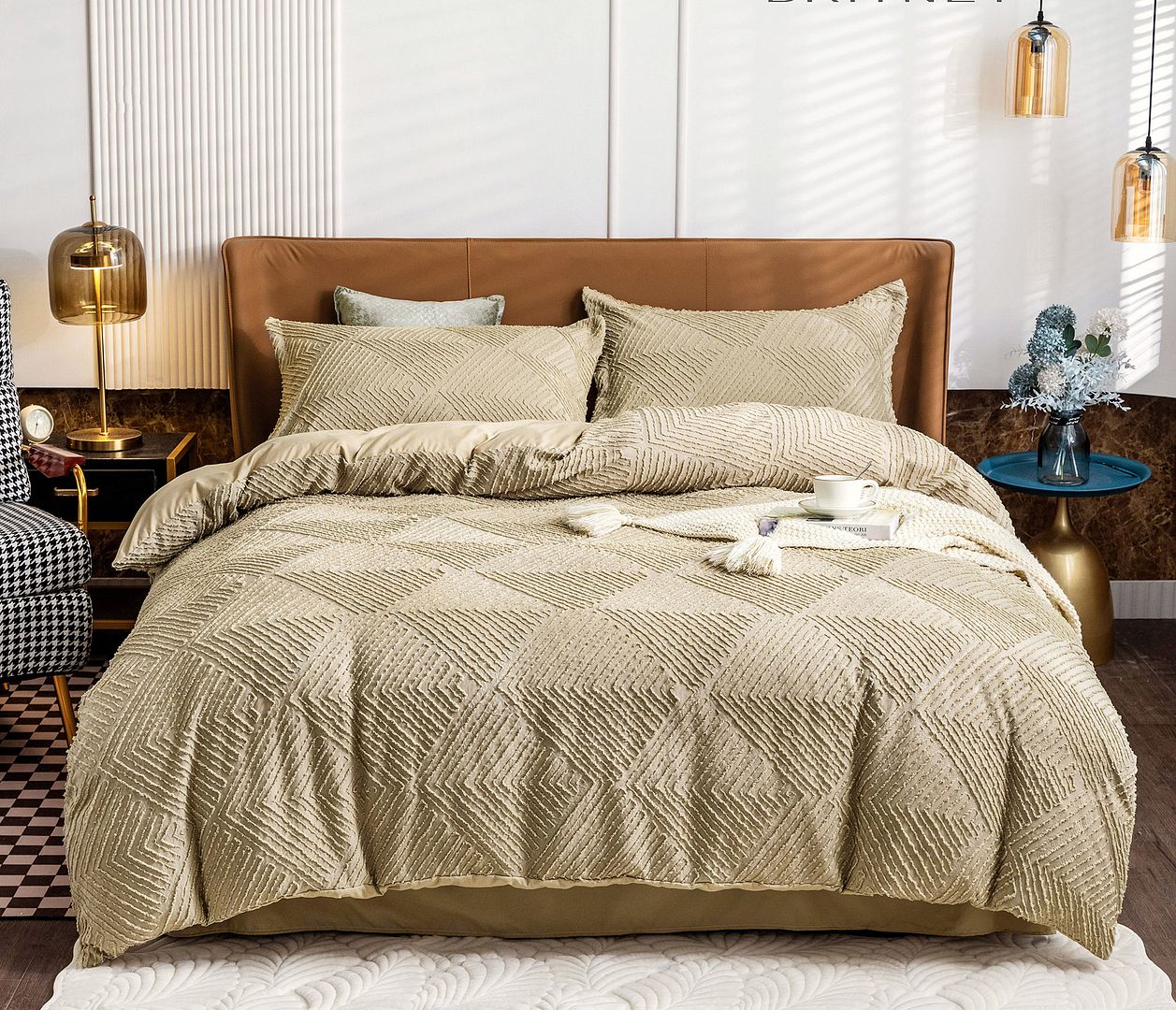 V493-JW-Q-09-202509031132-00 Tufted Textured Jacquard Quilt Cover Set- Beige - Queen Size - Image 1
