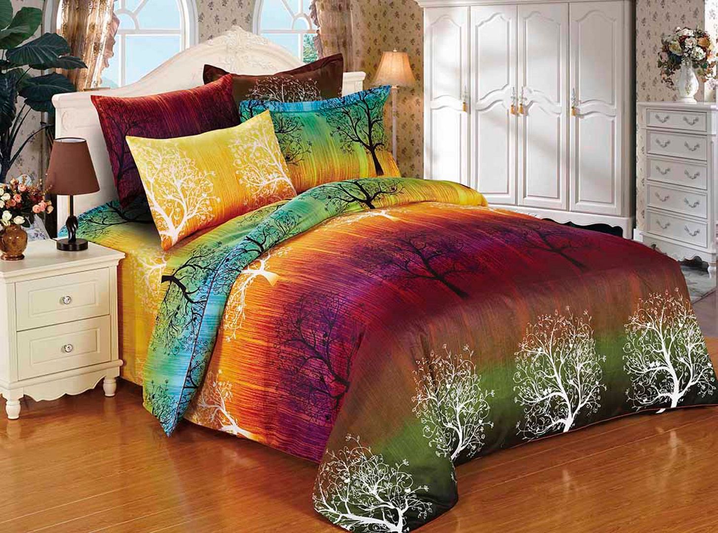 V493-MK-114-88248-00 Rainbow Tree King Size Bed Quilt/Duvet Cover Set - Image 1