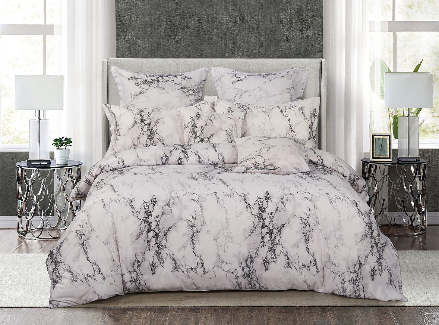 V493-MK-404-87638-00 White Marble King Size Duvet Quilt Cover Set - Image 1